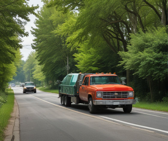 A tow truck hauling a car along a suburban road lined with lush green trees.
