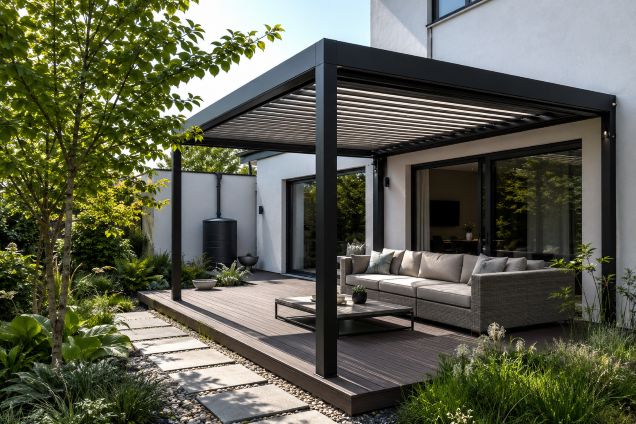 Modern aluminum pergola in a sustainable residential garden